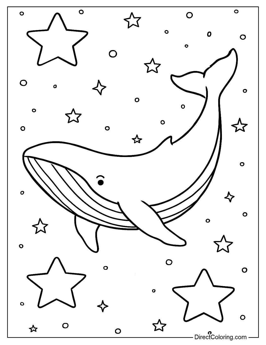 Giant whale coloring page swimming in the starry sky, fantasy style